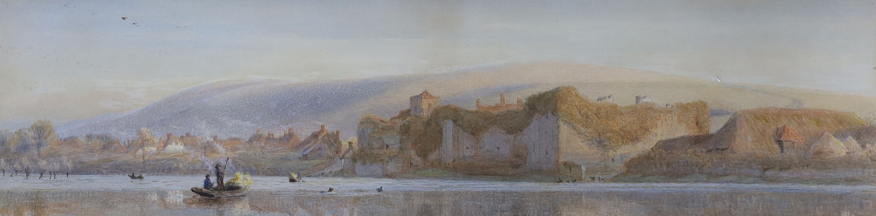 Alfred Fitzwalter Grace (1844-1903), watercolour, Extensive river landscape with waterside town, 18 x 68cm